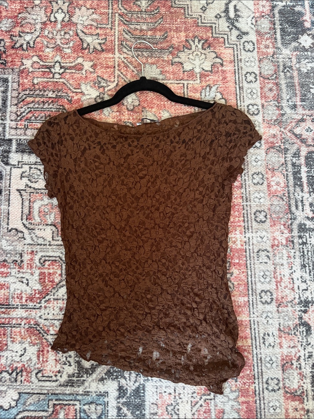 Bershka Brown Asymmetrical Lace Short Sleeve Top
